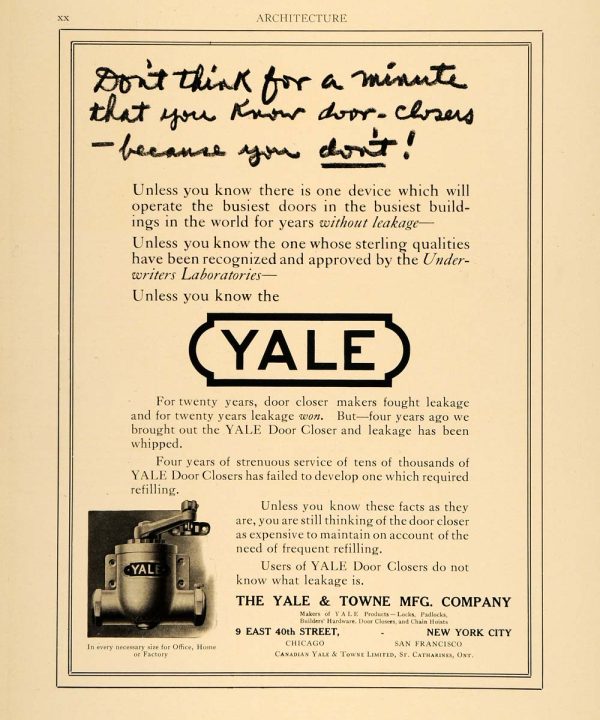 1915 Ad Yale Towne Door Closer Locks Hardware Home Improvement Leakage New ARC3 Cheap Official