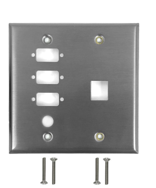 Double Gang, 3 x DB9 Size Cutout , 1 x 3/8 inch Hole, 1 x Keystone Stainless Steel Wall Plate Buy Cheap Best Sale