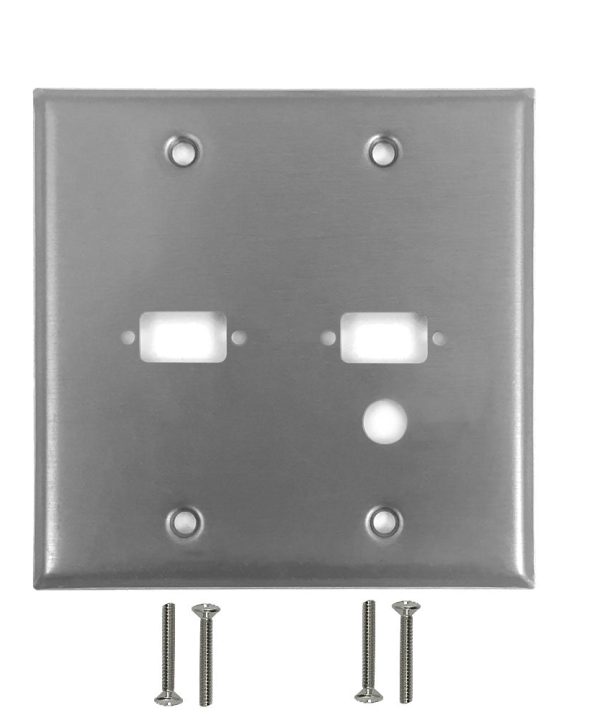 Double Gang, 2 x DB9 Size Cutout , 1 x 3/8 inch Hole Stainless Steel Wall Plate Cheap Pice Original